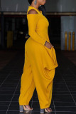 Yellow Fashion Casual Solid Patchwork Zipper V Neck Loose Jumpsuits