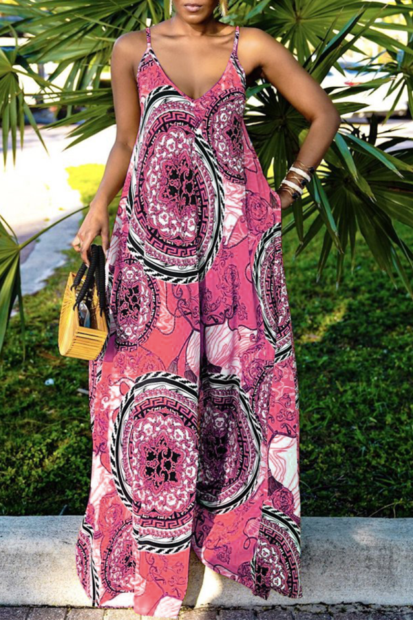 Pink Sexy Print Patchwork Spaghetti Strap Loose Jumpsuits