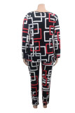 Red Fashion Casual Print Basic O Neck Plus Size Two Pieces