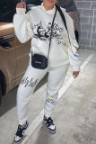 White Casual Print Patchwork Hooded Collar Long Sleeve Two Pieces