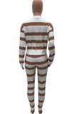 Beige Casual Striped Print Patchwork Buckle V Neck Long Sleeve Two Pieces