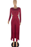 Red Sexy Solid Hollowed Out Patchwork Long Sleeve Two Pieces