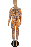 Yellow Sexy Print Patchwork Turndown Collar Long Sleeve Two Pieces