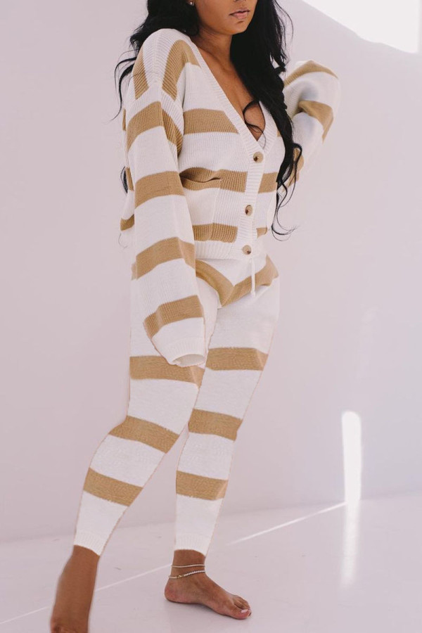 Beige Casual Striped Print Patchwork Buckle V Neck Long Sleeve Two Pieces