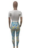Blue Sexy Print Patchwork O Neck Short Sleeve Two Pieces