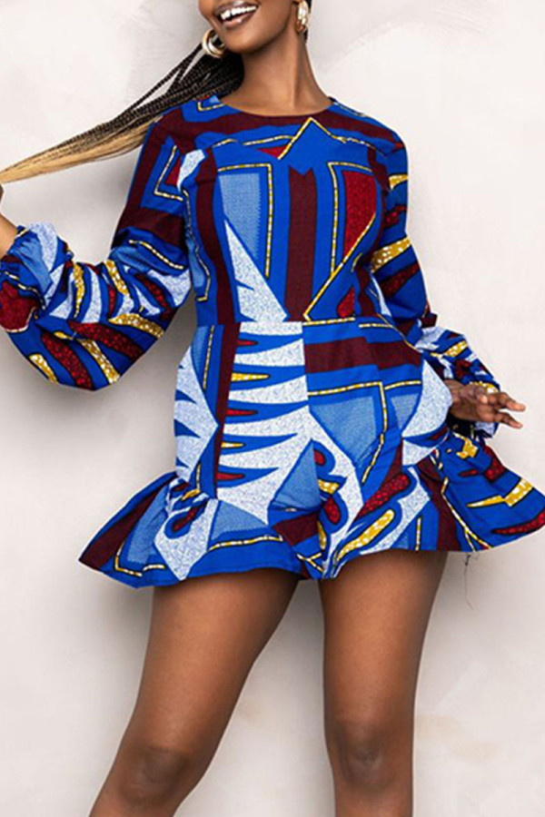 Dark Blue Fashion Print Patchwork Flounce O Neck Straight Rompers