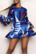 Dark Blue Fashion Print Patchwork Flounce O Neck Straight Rompers