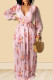 Pink Sweet Print Patchwork V Neck Long Sleeve Dresses