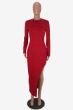 Red Fashion Casual Solid Beading Asymmetrical O Neck Long Sleeve Dresses