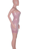 Pink Sexy Solid Hollowed Out Patchwork Hot Drill Oblique Collar Dresses