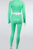 Fluorescent Green Sexy Solid Letter O Neck Long Sleeve Two Pieces