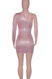 Pink Sexy Solid Hollowed Out Patchwork Hot Drill Oblique Collar Dresses