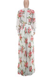 Pink Sweet Print Patchwork V Neck Long Sleeve Dresses