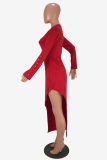 Red Fashion Casual Solid Beading Asymmetrical O Neck Long Sleeve Dresses