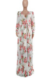 Pink Sweet Print Patchwork V Neck Long Sleeve Dresses