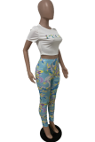 Blue Sexy Print Patchwork O Neck Short Sleeve Two Pieces
