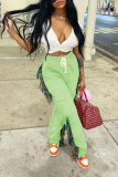 White Casual Solid Tassel Harlan Mid Waist Harlan Solid Color Bottoms