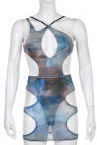 Blue Sexy Print Hollowed Out Halter Sleeveless Two Pieces