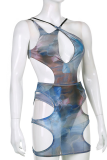 Blue Sexy Print Hollowed Out Halter Sleeveless Two Pieces