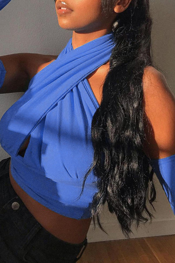 Blue Sexy Solid Patchwork Halter Tops