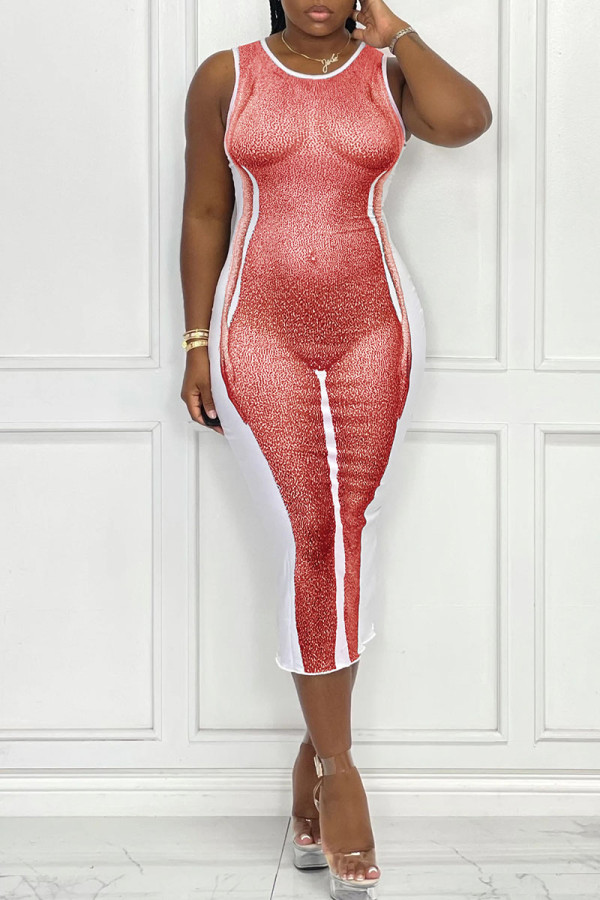 Red Sexy Print Patchwork O Neck Vest Dress Dresses