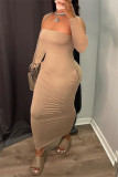 Khaki Fashion Sexy Solid Backless Strapless Long Sleeve Dresses