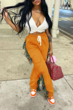White Casual Solid Tassel Harlan Mid Waist Harlan Solid Color Bottoms
