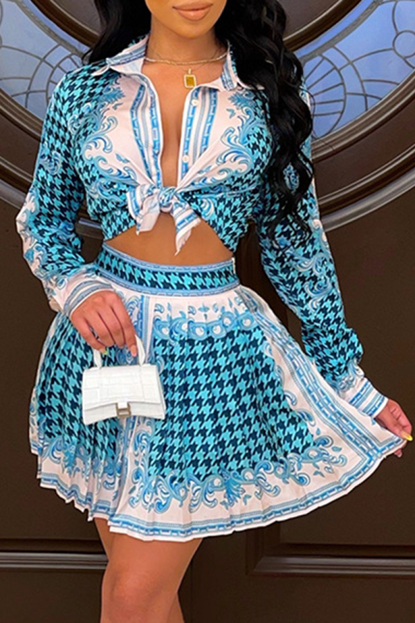 Blue Sexy Print Patchwork Turndown Collar Long Sleeve Two Pieces