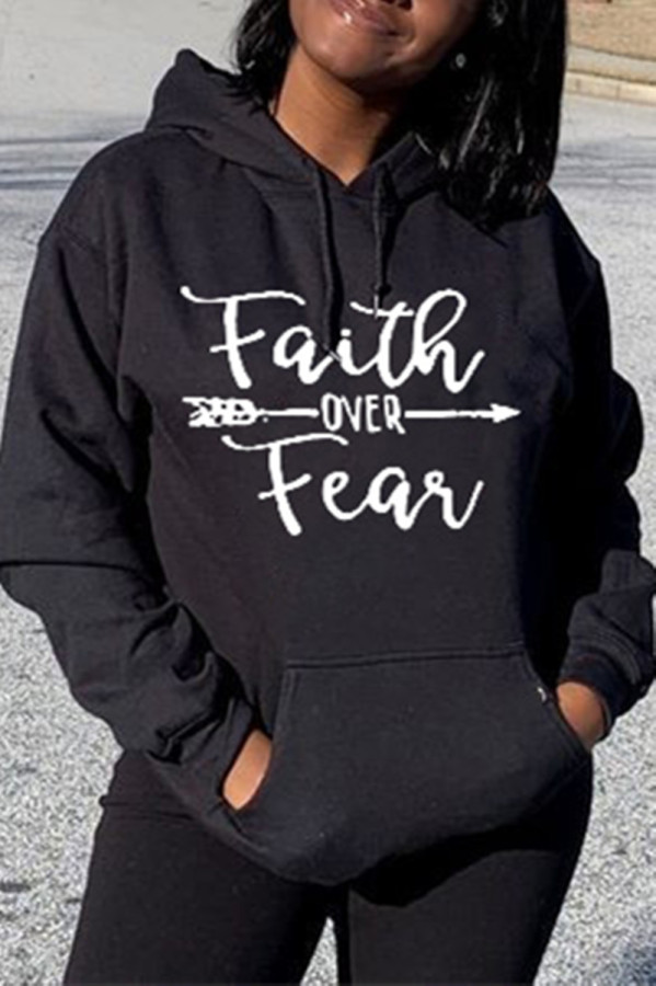 Black Fashion Casual Letter Print Basic Hooded Collar Tops