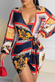 Tibetan Blue Casual Print Bandage Patchwork Asymmetrical V Neck A Line Dresses