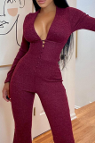 Red Sexy Solid Hollowed Out V Neck Skinny Jumpsuits
