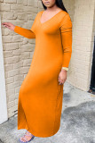 Tangerine Red Casual Solid Patchwork V Neck Long Sleeve Plus Size Dresses