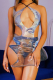 Blue Sexy Print Hollowed Out Halter Sleeveless Two Pieces
