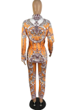 Yellow Sexy Print Patchwork Turndown Collar Long Sleeve Two Pieces