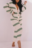 Beige Casual Striped Print Patchwork Buckle V Neck Long Sleeve Two Pieces