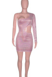 Pink Sexy Solid Hollowed Out Patchwork Hot Drill Oblique Collar Dresses