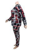 Red Fashion Casual Print Basic O Neck Plus Size Two Pieces