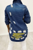 Light Blue Fashion Casual Patchwork Ripped Cardigan Turndown Collar Plus Size Overcoat