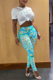 Blue Sexy Print Patchwork O Neck Short Sleeve Two Pieces
