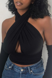 Blue Sexy Solid Patchwork Halter Tops