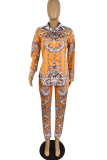 Yellow Sexy Print Patchwork Turndown Collar Long Sleeve Two Pieces