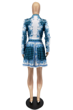 Deep Blue Sexy Print Patchwork Turndown Collar Long Sleeve Two Pieces
