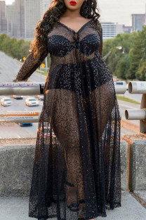 Black Sexy Print Split Joint See-through  Sequins V Neck Long Sleeve Plus Size Dresses