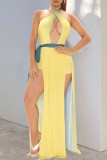 Yellow Sexy Gradual Change Hollowed Out Patchwork Backless High Opening Halter Straight Dresses