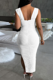 White Sexy Solid Split Joint Square Collar Pencil Skirt Dresses