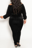 Black Casual Solid Bandage Patchwork Off the Shoulder Plus Size Two Pieces