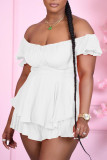 White Casual Solid Patchwork Fold U Neck Regular Rompers
