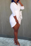 White Casual Solid Bandage Patchwork Asymmetrical V Neck Irregular Dress Dresses