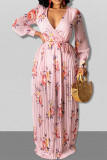 Pink Sweet Print Patchwork V Neck Long Sleeve Dresses