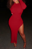 Red Fashion Casual Solid Beading Asymmetrical O Neck Long Sleeve Dresses
